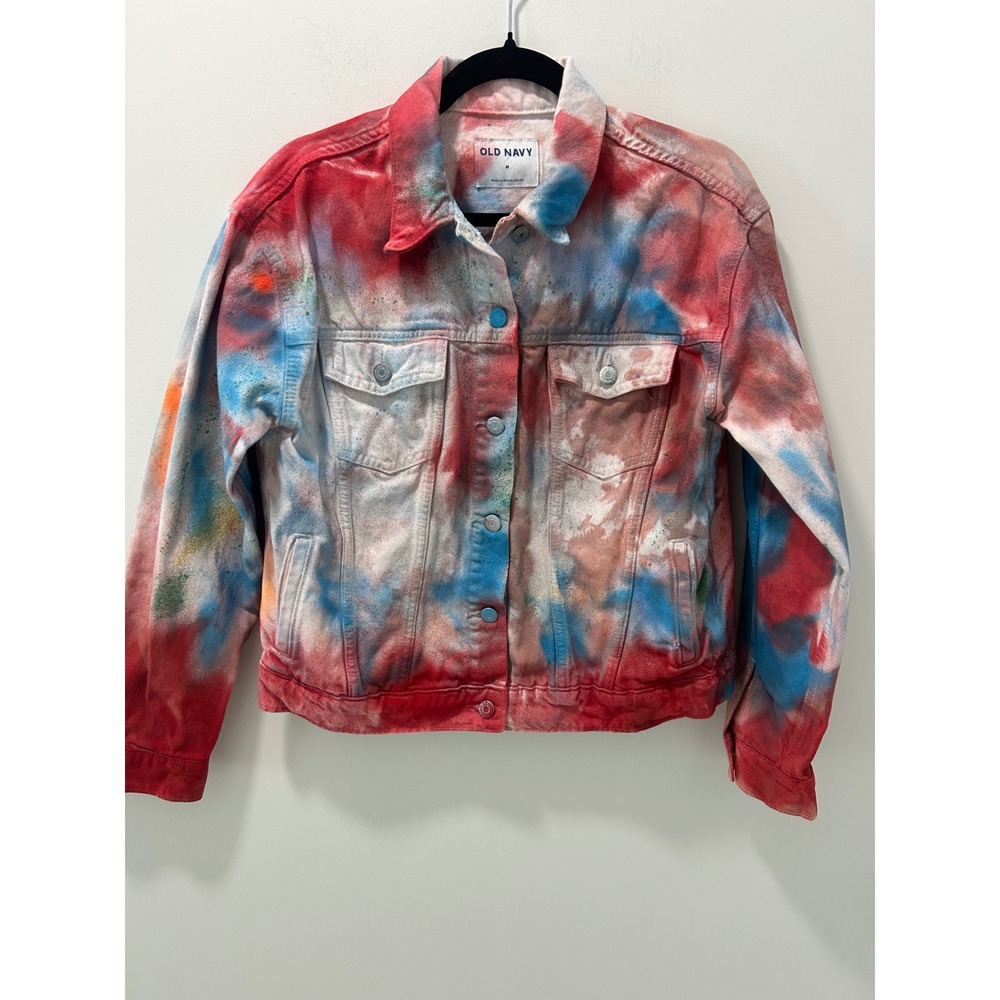Old Navy Womens Red Blue White Tie Dye Paint Splatter Denim Trucker Jacket M